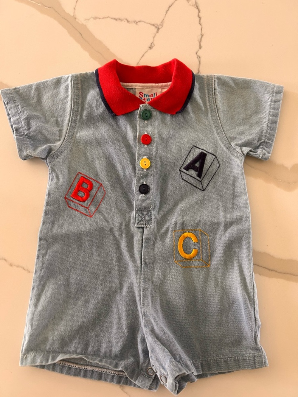 Vintage colorblock romper denim size 12 months abc print embroidered